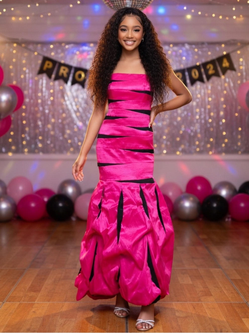 90’s JESSICA McCLINTOCK Y2K imported fabric strapless pink and black prom dance